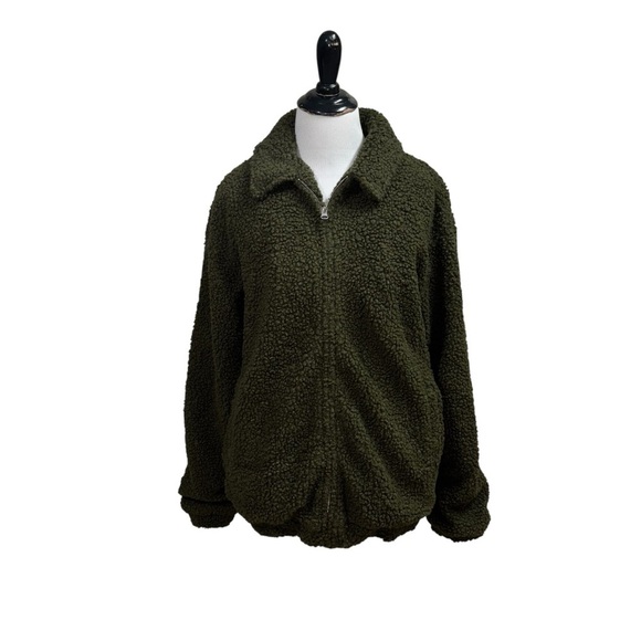 Urban Outfitters Women's S Small Full Zip Sherpa Jacket Green Teddy Shearling - Picture 2 of 10